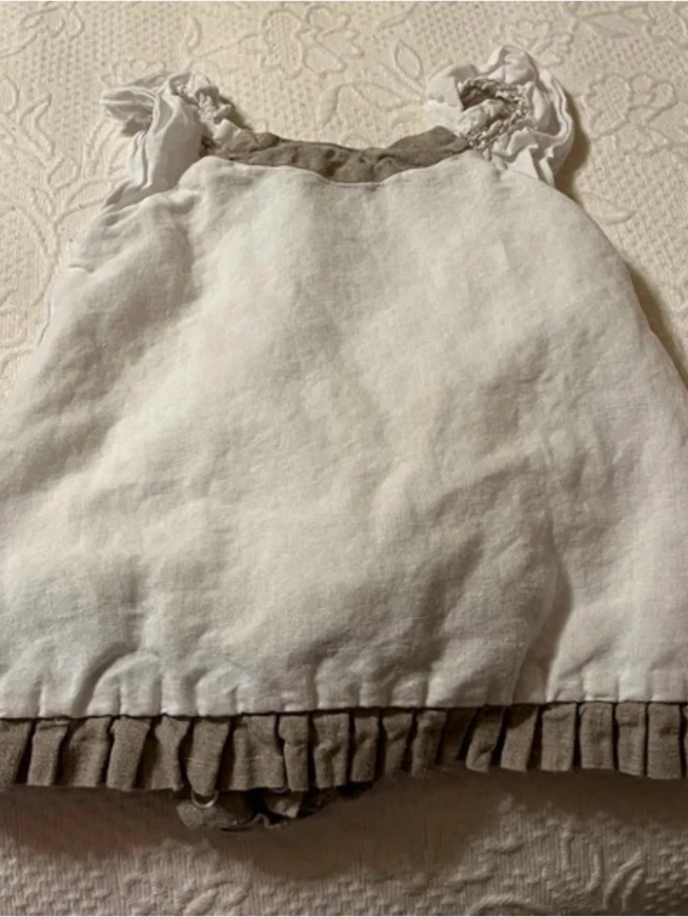 Carriage Boutique White and Taupe Linen Baby One-Piece